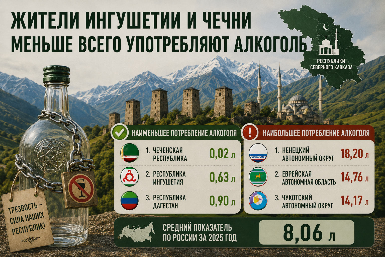 Жители Ингушетии и Чечни меньше всего употребляют алкоголь. 
